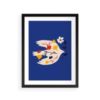 Plakat w ramie 30x40 - Bezczasowy Szept - niebieskie tło, abstrakcyjny biały ptak - rama czarna