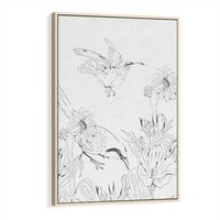 Obraz w ramie 80x120 - Tropiki w Monochromie - czarno biały szkic, tropikalne ptaki - rama drewno