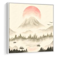 Obraz w ramie 50x50 - Przyroda Japonii - japońska akwarela, góry - rama biała