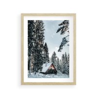 Plakat w ramie 50x70 - Górska Uroda Zimą: Dom w Śniegu - domek w górach, zima - rama drewno