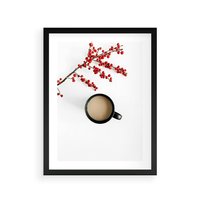 Plakat w ramie 30x40 - Filiżanka Kawy z Gałązką Jarzębiny - kawa, gałązka jarzębiny - rama czarna