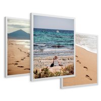 Zestaw obrazy w ramie 30x40 galeria - Plaża, zachód, słońca, ślady - rama biała
