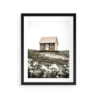 Plakat w ramie 50x70 - Krajobraz z Przeszłości: Kwitnąca Łąka w Sepii - domek na wzgórzu, kwitnąca łąka - rama czarna