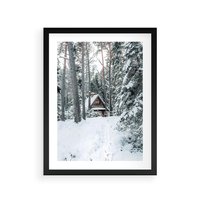 Plakat w ramie 30x40 - Spokój Zimowej Przygody w Lesie - domek w górach w lesie, zima - rama czarna