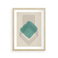 Plakat w ramie 50x70 - Impresje Przestrzeni - akwarelowa plama, geometryczne szkicowane kształty - rama drewno