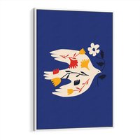 Obraz w ramie 50x70 - Bezczasowy Szept - niebieskie tło, abstrakcyjny biały ptak - rama biała