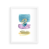 Plakat w ramie 50x70 - Taniec Akwarelowych Kresek - akwarelowe plamy w odcieniach błękitu, złote kreski - rama biała