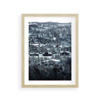 Plakat w ramie 50x70 - Domki w Chmurach - górski zimowy krajobraz, dommki na wzgórzach - rama drewno