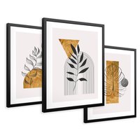 Zestaw obrazy w ramie 40x50 galeria - Złoto, liście, geometria - rama czarna