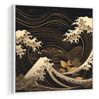 Obraz w ramie 50x50 - Złote Piękno - ciemny obraz, fala morska - rama biała