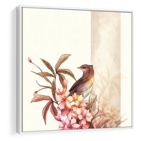 Obraz w ramie 80x80 - Kwiatowe Zanurzenie - japońska sztuka, ptak - rama biała