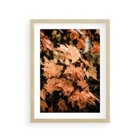 Plakat w ramie 50x70 - Ciepło Jesieni - jesienne pomarańczowe liśćie, jesień - rama drewno