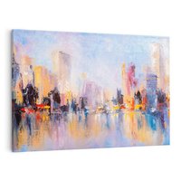 Obraz na płótnie 70x50 - Miasto Refleksji - olejna panorama miasta w oddali, wiezowce odbijają się w rzece