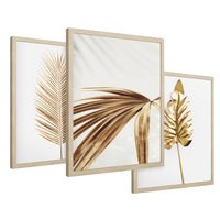 Zestaw obrazy w ramie 50x70 galeria - Złote, palmy, liście, tropikalne, minimalizm - rama drewno