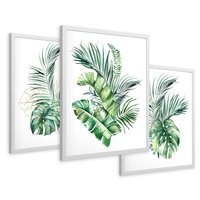 Zestaw obrazy w ramie 40x50 galeria - Liście, monstera, palma, złote, akwarele - rama biała