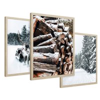 Zestaw obrazy w ramie 30x40 galeria - Zima, las, renifer, krajobraz - rama drewno