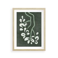 Plakat w ramie 50x70 - Rozkwitające Zielone Gałęzie - abstrakcyjne delikatne zielone linie, podobne do gałęzi kwiatów - rama drewno