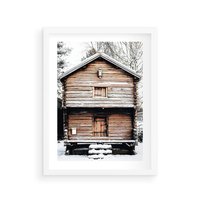 Plakat w ramie 50x70 - Śnieżny Ustronny Raj - domek w górach, śnieg - rama biała