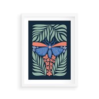 Plakat w ramie 30x40 - Granatowa Noc - granatowe tło, abstrajcyjna ćma - rama biała