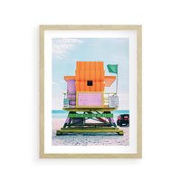 Plakat w ramie 30x40 - Plaża Miami w Słoneczny Dzień - domek ratownika, kolorowy - rama drewno