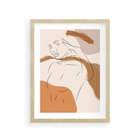 Plakat w ramie 50x70 - Sztuka Piękna w Beżach i Brązach - szkic jedną linią, naga kobieta - rama drewno