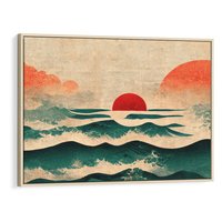 Obraz w ramie 70x50 - Czerwone Melodie - japońska sztuka, zachód słońca nad oceanem - rama drewno