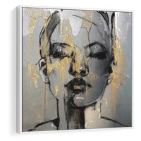 Obraz w ramie 50x50 - Kobieta - Abstrakcyjne Malowidło - złote, usta abstrakcja - rama biała