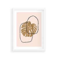 Plakat w ramie 50x70 - Liście w Beżowym Minimalizmie - minimalistyczny obraz, liście monstery - rama biała