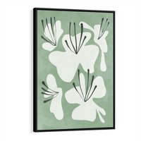 Obraz w ramie 50x70 - Rozkwitające Ukojenie - zgaszona zieleń, kwiaty - rama czarna