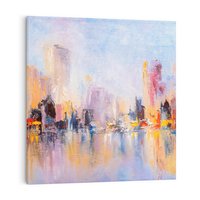 Obraz na płótnie 30x30 - Miasto Refleksji - olejna panorama miasta w oddali, wiezowce odbijają się w rzece