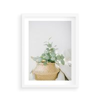 Plakat w ramie 50x70 - Eukaliptusowa Świeżość - eukaliptus, liście w koszu z wikliny - rama biała