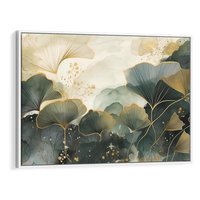 Obraz w ramie 100x70 - Natura w Złotym Odcieniu - złote elementy, liście miłorzębu japońskiego - rama biała