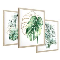 Zestaw obrazy w ramie 30x40 galeria - Liście, monstera, palma, złote, akwarela - rama drewno