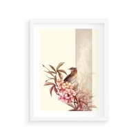 Plakat w ramie 30x40 - Kwiatowe Zanurzenie - japońska sztuka, ptak - rama biała