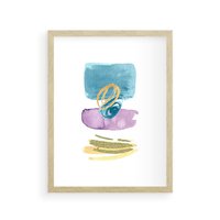 Plakat w ramie 40x50 - Taniec Akwarelowych Kresek - akwarelowe plamy w odcieniach błękitu, złote kreski - rama drewno