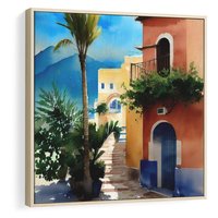 Obraz w ramie 80x80 - Spokój Miasta nad Morzem - akwarela, sródziemnomorski klimat - rama drewno