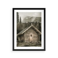 Plakat w ramie 40x50 - Urok Drewnianej Chatki w Górach - chatka w górach, drewniany domek - rama czarna