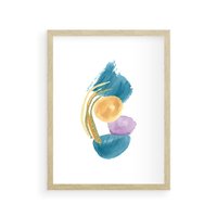 Plakat w ramie 30x40 - Migocące Barwy Akwarel - akwarelowe plamy w odcieniach błękitu, złote kreski - rama drewno