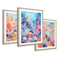 Zestaw obrazy w ramie 40x50 galeria - morze, rybki, akwarela, rafa, koralowa - rama drewno
