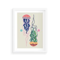 Plakat w ramie 50x70 - Morskie Pulsacje - nowoczesny optymistyczny plakat, kolorowe meduzy - rama biała