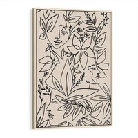 Obraz w ramie 50x70 - Kobiecy Portret Duszy - beżowe tło, czarny szkic nowoczesnych kwiatów - rama drewno