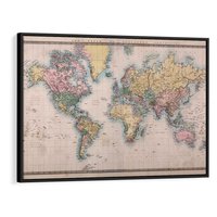 Obraz w ramie 100x70 - Światło Przeszłości - retro mapa świata, mapa - rama czarna