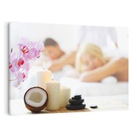 Obraz na płótnie 70x50 - Kokos, świece i kwiaty w SPA - kokos, świece
