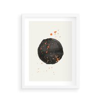 Plakat w ramie 40x50 - Wibracje Kolorów - abstrakcyjna czarna plama, rozsiane pomarańczowe kropki - rama biała