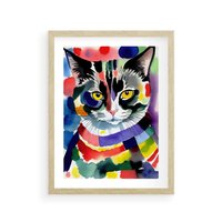 Plakat w ramie 50x70 - Koci Przyjaciel - abstrakcyjny obraz, akwarela - rama drewno