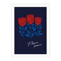 Plakat bez ramy 21x30 - Podróżne Barwy - czerwone abstrakcyjne kwiaty, granatowe tło