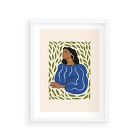 Plakat w ramie 30x40 - Rozbite Barwy - nowoczesny plakat, kobieta otoczona liśćmi - rama biała