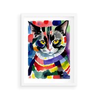 Plakat w ramie 50x70 - Koci Przyjaciel - abstrakcyjny obraz, akwarela - rama biała