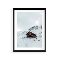 Plakat w ramie 40x50 - Zimowa Magia - domek, śnieg - rama czarna