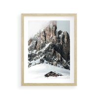 Plakat w ramie 50x70 - Górski Raj z Chatką - górskie szczyty, ośnieżone góry - rama drewno